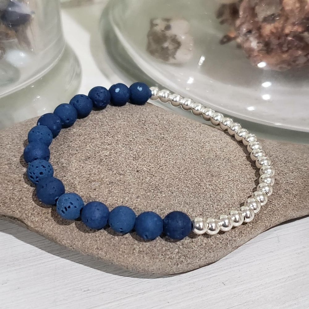 Adult sized Lava bead and 925 Silver Beaded Bracel